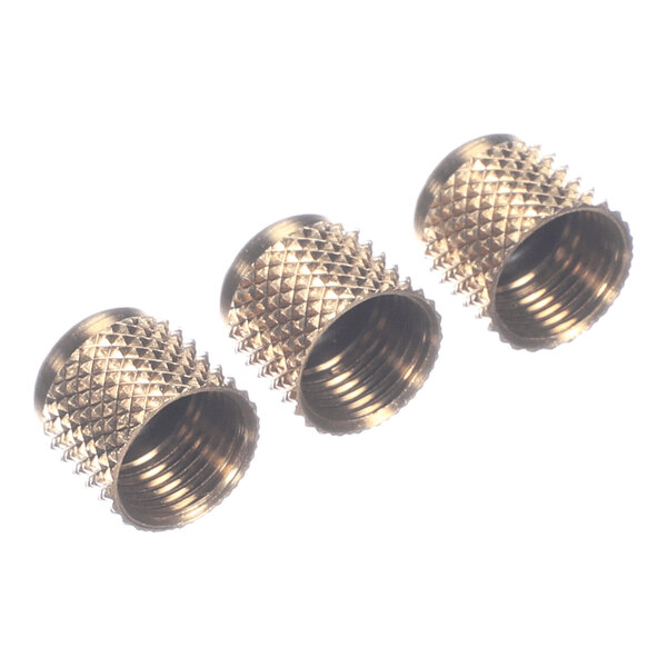 Three metallic, cylindrical inserts with knurled exteriors and internal threading are shown against a white background.