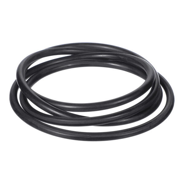 Three black rubber-like circular rings are stacked together on a white background.