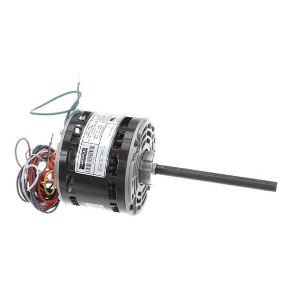A cylindrical electric motor with a long shaft and multiple colored wires extending from one end.