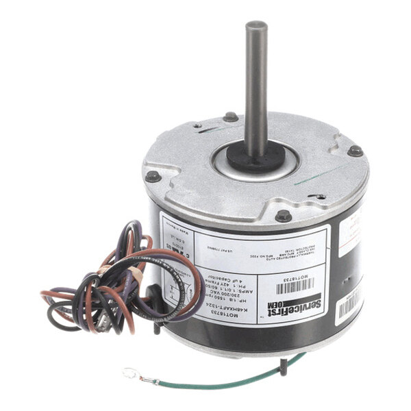A cylindrical electric motor with a central shaft, attached wires, and labeled stickers on the side.