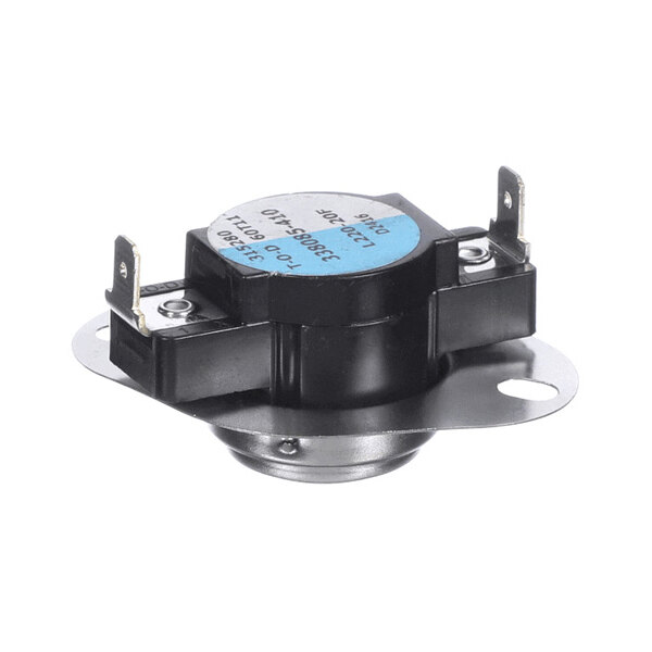A small round electronic component with a metal mounting plate and three electrical terminals.