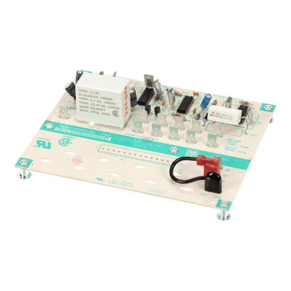 A rectangular electronic circuit board with various components, including relays, capacitors, and connectors, mounted on a light-colored base with teal markings.