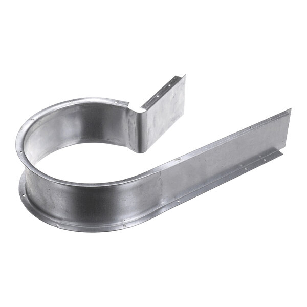 A curved, metallic duct component with a circular section and an extended straight flange, likely used in HVAC or ventilation systems.