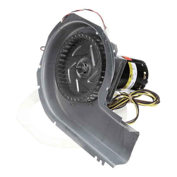 A metal blower fan assembly with an attached electric motor and several wires extending from the back.