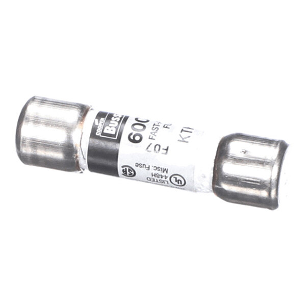 A cylindrical fuse with metal caps on both ends and a labeled white body.