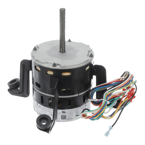 A cylindrical electric motor with a central shaft, mounting brackets, and a bundle of multicolored wires attached.