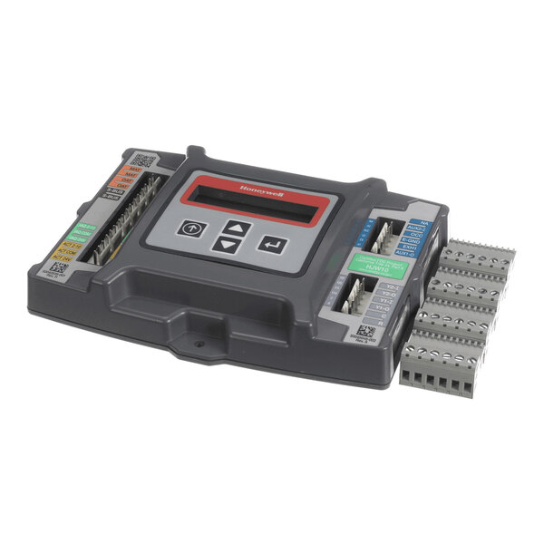 A rectangular electronic control module with a digital display, several buttons, and multiple labeled terminal connections on the sides.