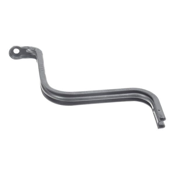 A metal, L-shaped bracket with a rounded end and a slotted end, photographed on a white background.