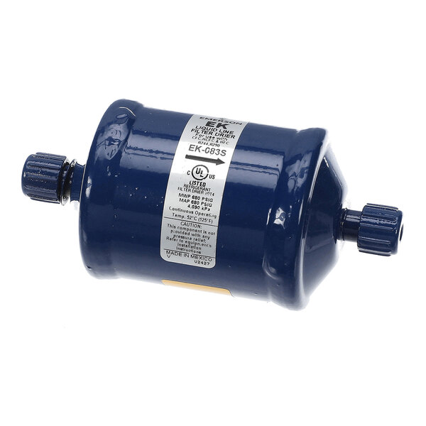 A cylindrical blue metal component with threaded connectors on both ends and a white label with technical information on its side.