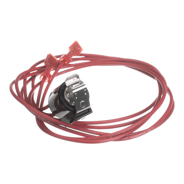 A coiled red wire with a metal and black component attached, featuring two red connectors at one end.