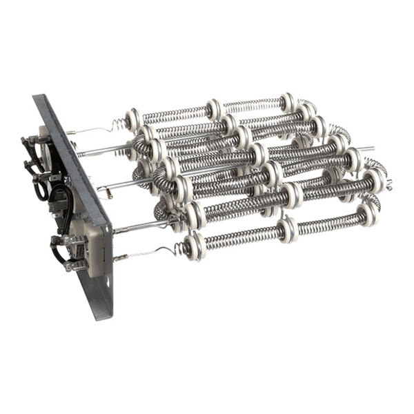 A metal assembly with multiple coiled heating elements mounted on a rectangular base with electrical connections.
