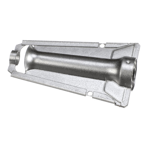 A metallic, tubular component with a flared end mounted on a flat, rectangular base, featuring holes and a vented cap.