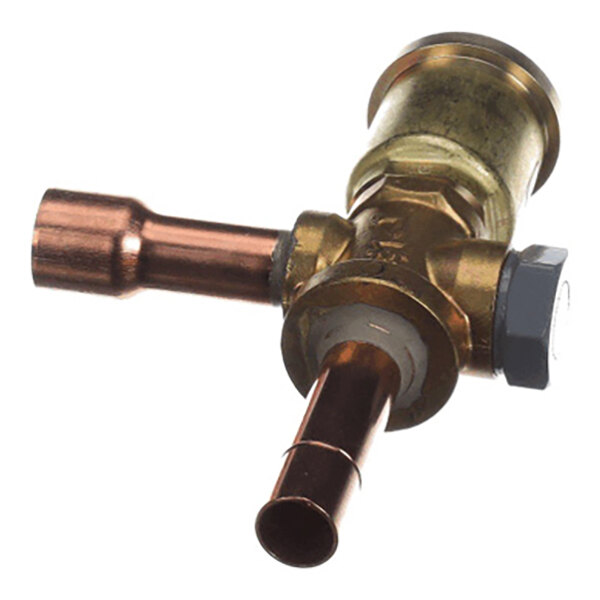 A brass and copper valve with three connection points and a gray adjustment knob.