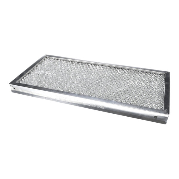 A rectangular metallic mesh filter with a silver frame and a diamond-patterned grid.