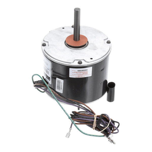 A cylindrical electric motor with a protruding shaft, attached wires, and a black and silver housing.