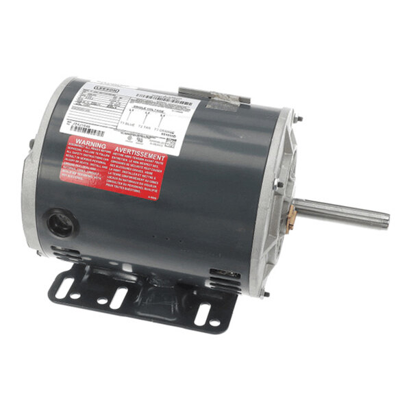 A cylindrical electric motor with a metal mounting base, visible shaft, and warning labels on the side.