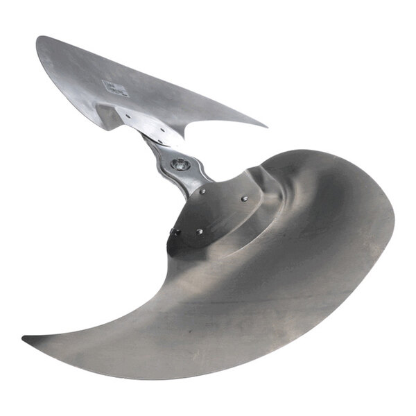 A large, metallic, curved propeller fan blade with a central mounting hub and a secondary angled blade attached.