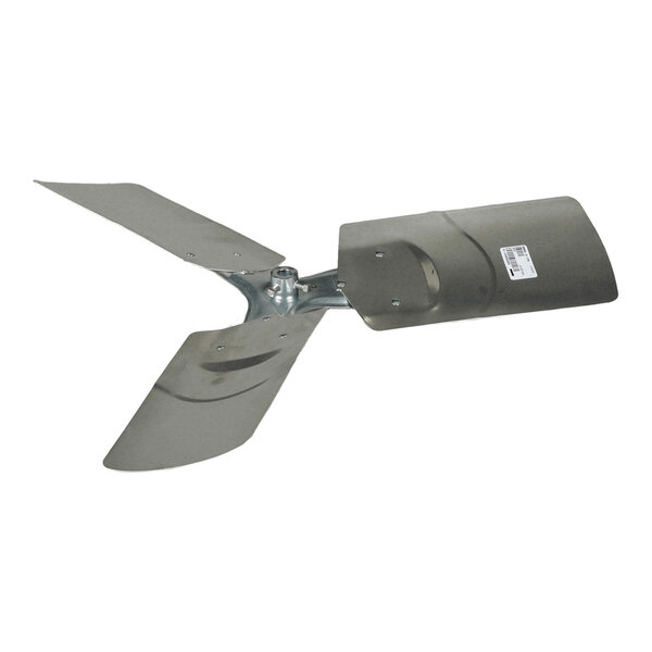 A three-blade metal propeller fan with a central mounting hub and a barcode sticker on one blade.