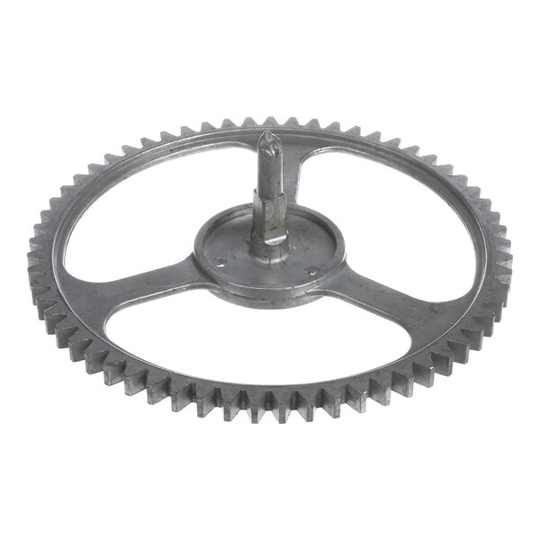 A metal gear with three spokes and a central shaft, featuring evenly spaced teeth around its circumference.