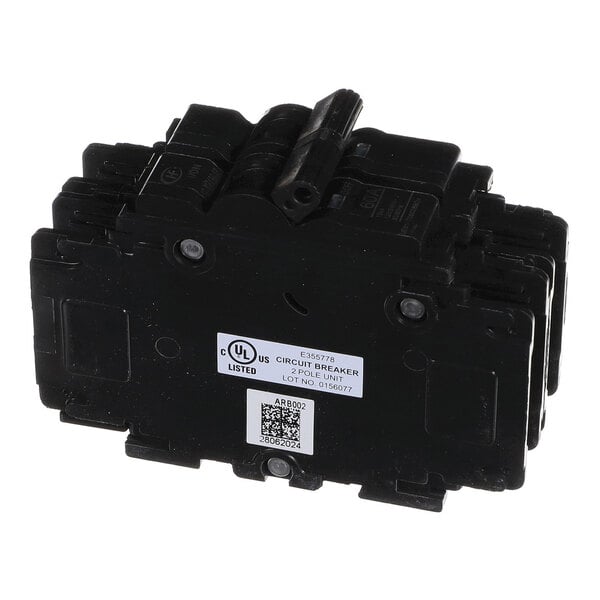 A black, rectangular electrical circuit breaker with a label and QR code on one side.