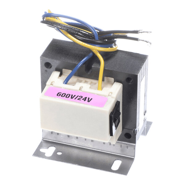 A metal and plastic electrical transformer with attached wires and a label indicating 600V/24V.
