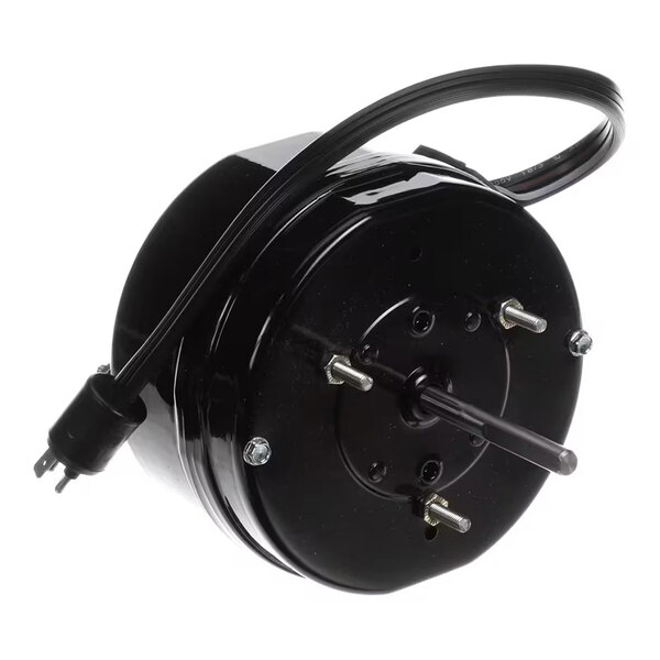 A black cylindrical electric motor with a protruding shaft, mounting bolts, and an attached power cord.