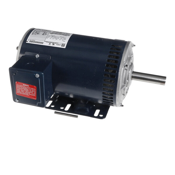 A cylindrical electric motor with a dark blue housing, a metal mounting base, a protruding shaft, and a labeled junction box on the side.
