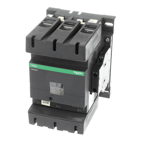 A black, rectangular electrical contactor with three main terminals on top and a green label on the front.