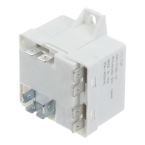A white rectangular electrical relay with multiple metal prongs and a mounting tab on top.