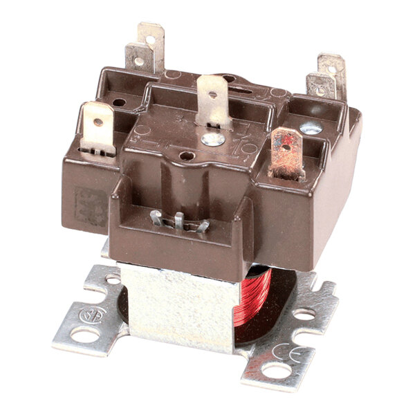 A brown and metallic electrical relay with multiple terminals and a visible red coil mounted on a metal base.