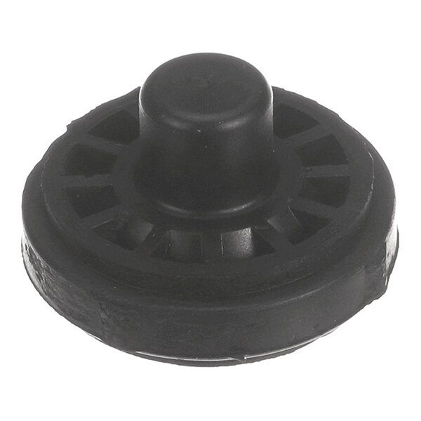 A black, round plastic or rubber component with a raised central section and radial supports, resembling a bearing or spacer.