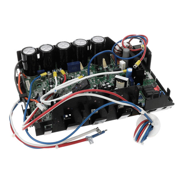 An electronic control board with multiple capacitors, circuit components, and attached colored wires.