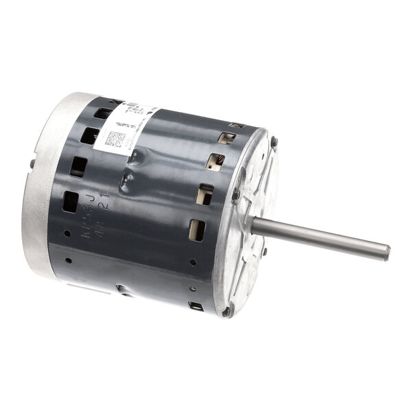 A cylindrical electric motor with a metal housing, ventilation slots, and a protruding shaft.