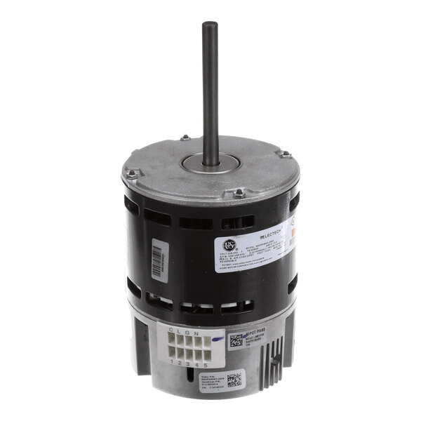 A cylindrical electric motor with a central shaft, ventilation slots, and visible wiring terminals at the base.