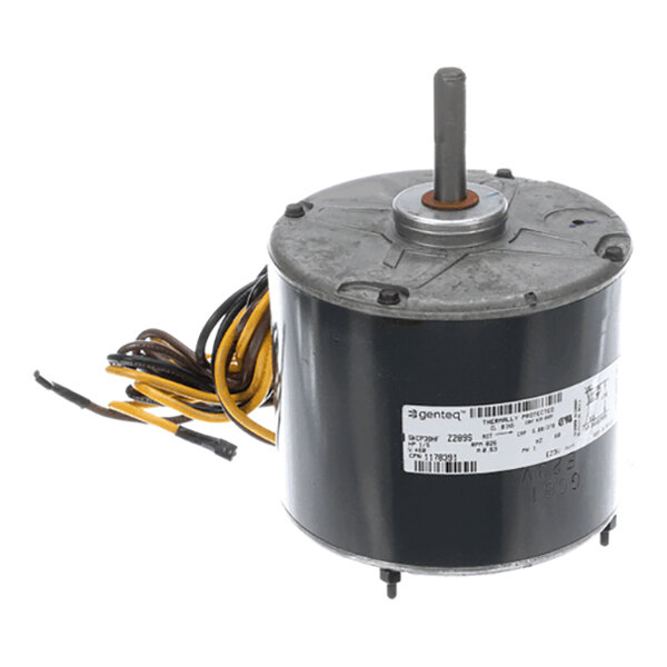 A cylindrical electric motor with a central shaft, attached wires, and a label on the side.
