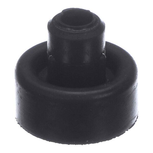 A black, cylindrical rubber grommet with a raised central section and a hollow core.