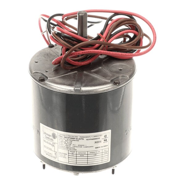 A cylindrical electric motor with a central shaft and several red and brown wires coiled on top.