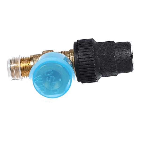 A brass angle valve with a blue plastic cap and a black plastic connector, featuring threaded metal ends.