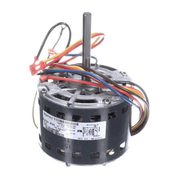 A cylindrical electric motor with a central shaft and multiple colored wires extending from the top.
