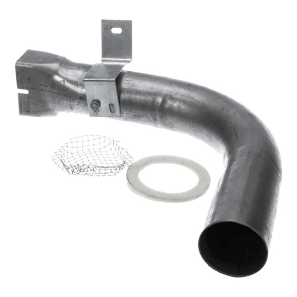 A curved metal pipe with a mounting bracket, accompanied by a mesh screen and a circular gasket.