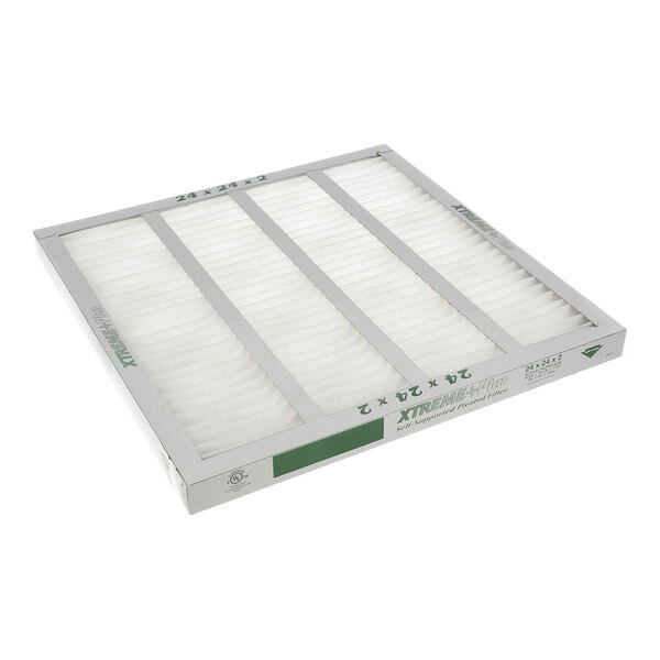 A rectangular pleated air filter with a white filtering surface and a cardboard frame, featuring visible support strips.