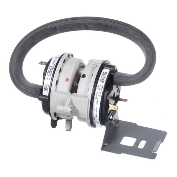 A dual pressure switch assembly with attached tubing and a metal mounting bracket.