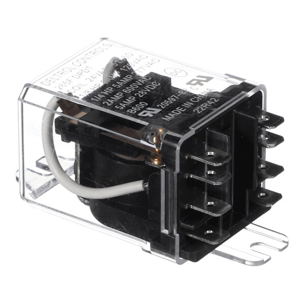 A transparent rectangular electrical relay with multiple metal prongs and a visible internal coil and wiring.