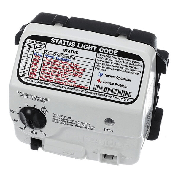 A rectangular device with a status light code chart, a control knob, and a status indicator button, featuring various warning and operation labels.