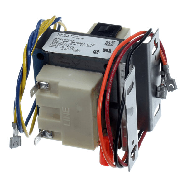 A metal and plastic electrical transformer with multiple colored wires and terminal connectors attached.