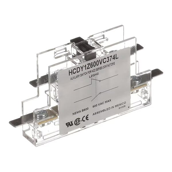 A transparent rectangular electrical component labeled 'HCDY1Z600VC374L' with metal contacts and a schematic diagram on the front.