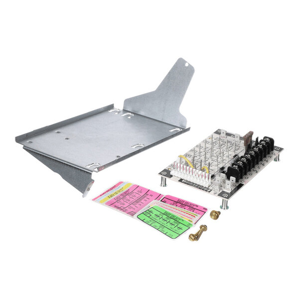 A metal mounting bracket, an electronic control board with various connectors and relays, colored labels, and mounting hardware are displayed on a white background.