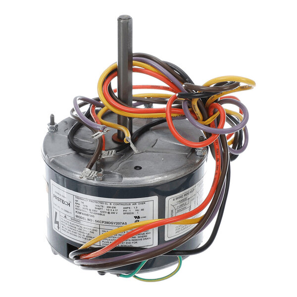 A cylindrical electric motor with a central shaft and multiple colored wires extending from the top.