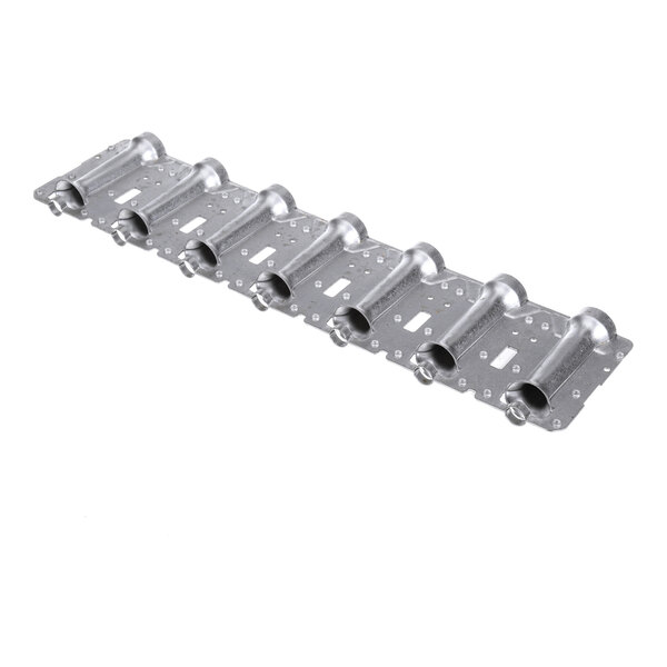 A metal component with eight cylindrical tubes mounted on a flat perforated base plate.