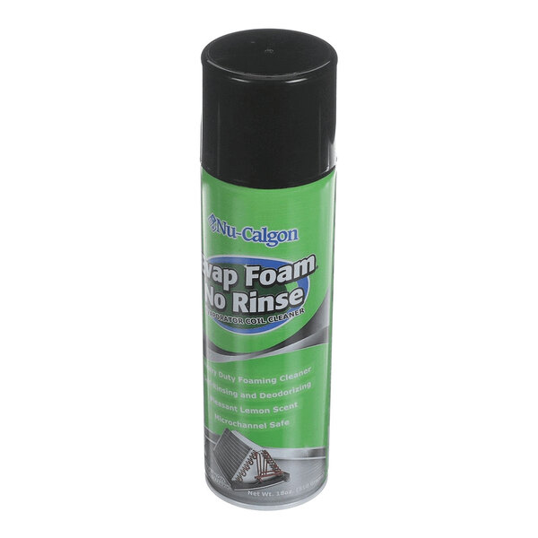 A green aerosol can with a black cap labeled 'Nu-Calgon Evap Foam No Rinse Evaporator Coil Cleaner.'